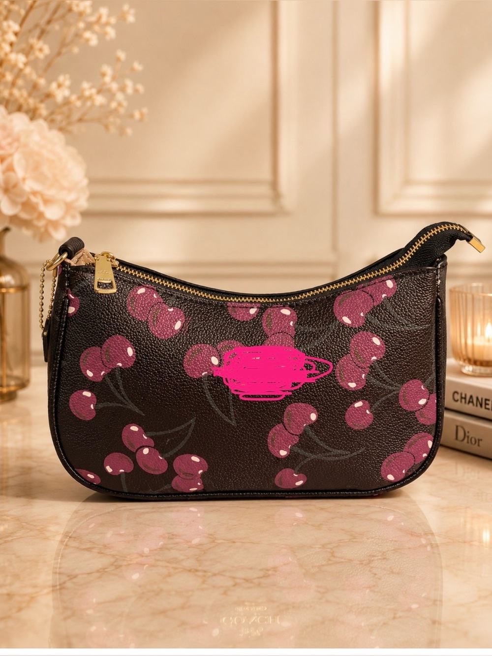 Cherry Print Black Leather Shoulder Bag